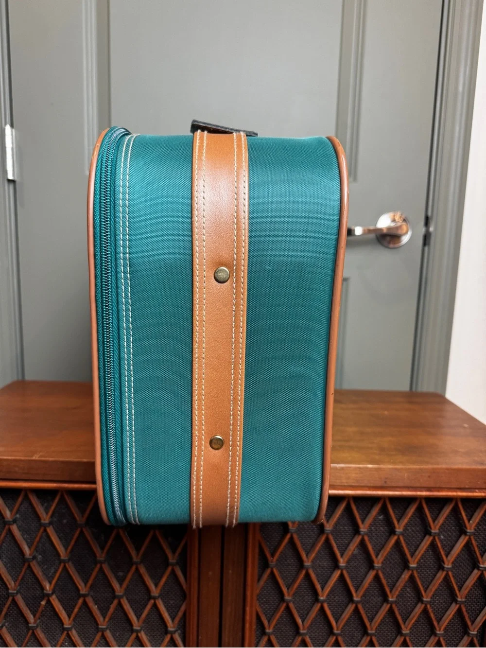 Jaguar Luggage Suitcase Travel Bag Green With Leather Trim - Vintage Luggage